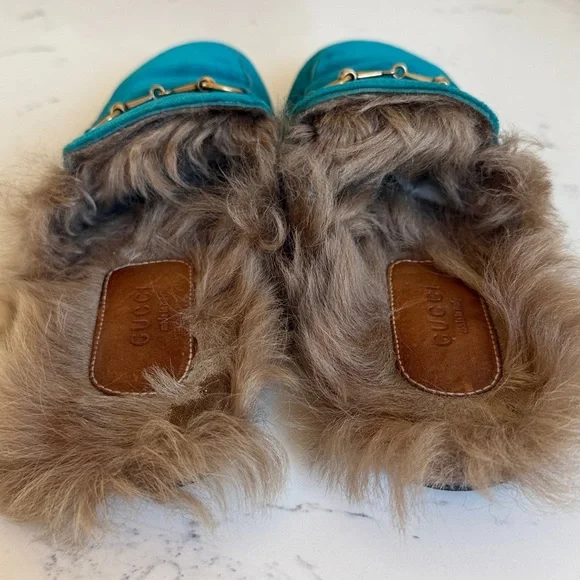 Gucci Princetown Fur Mules Color Teal Velvet Horsebit Slides Womens Size 36.5 - Picture 6 of 16